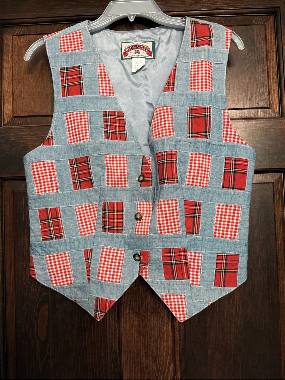 VTG Pine Cove Vest Women Small Blue Denim Sleeveless Button up Plaid Checkered